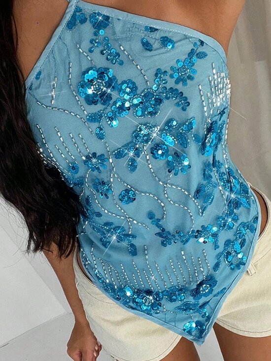 Tops - Blue Sexy Women's Glitter Sparkly Party Backless Halter Neck Top